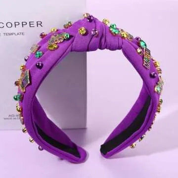 NVENF Mardi Gras Headband Carnival Accessories for Women Crown Mask Headbands Green Purple Gold Rhinestone Pearl Jeweled Knotted Headband Fat Tuesday Parade Party Favors Gifts (MIXED 1 - Purple)