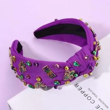 NVENF Mardi Gras Headband Carnival Accessories for Women Crown Mask Headbands Green Purple Gold Rhinestone Pearl Jeweled Knotted Headband Fat Tuesday Parade Party Favors Gifts (MIXED 1 - Purple)
