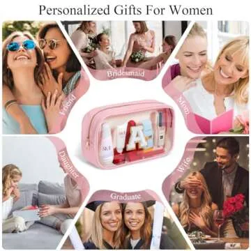 YOOLIFE Initial Make Up Bag Travel Toiletry Bag, Clear Makeup Bag Preppy Cosmetic Bags Organizer Travel Essentials Pink Gifts for Women Teen Girlfriend Teacher Mom Birthday Birthday Gifts M