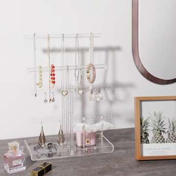 Jolboldy Acrylic Jewelry Display Stand 4-Tier Clear Jewelry Organizer, Necklace Bracelet Earring Watch Ring Jewelry Holder,Display Tower Tray Storage Gift for Women