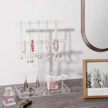Jolboldy Acrylic Jewelry Display Stand 4-Tier Clear Jewelry Organizer, Necklace Bracelet Earring Watch Ring Jewelry Holder,Display Tower Tray Storage Gift for Women