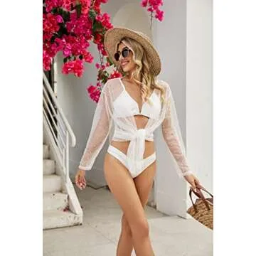 EDIMENS Bathing Suit Cover Ups for Women Long Sleeve Pearls Sheer Mesh Beach Cover Ups Swimwear Swim...