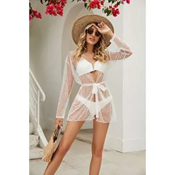 EDIMENS Bathing Suit Cover Ups for Women Long Sleeve Pearls Sheer Mesh Beach Cover Ups Swimwear Swimsuit Coverup for Women