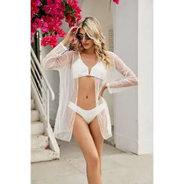 EDIMENS Bathing Suit Cover Ups for Women Long Sleeve Pearls Sheer Mesh Beach Cover Ups Swimwear Swimsuit Coverup for Women
