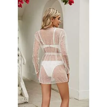 EDIMENS Bathing Suit Cover Ups for Women Long Sleeve Pearls Sheer Mesh Beach Cover Ups Swimwear Swimsuit Coverup for Women
