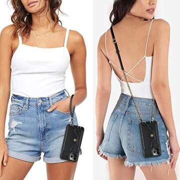 LAMEEKU iPhone 12 Pro Max Card Holder Case Wallet, iPhone 12 Pro Max Wallet Phone Case with Crossbody Chain Wrist Strap, Magnetic Leather Cover Purse for iPhone 12 Pro Max (2020), 6.7 inch-Black