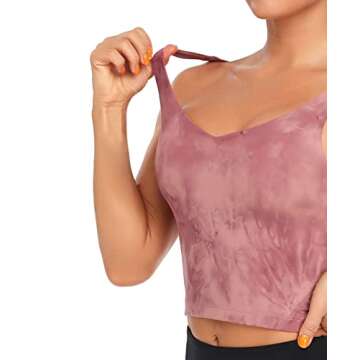 Oalka Sports Bra Womens Longline Padded Crop Tank Yoga Bras Workout Fitness Top Tie Dye Brick Dust M