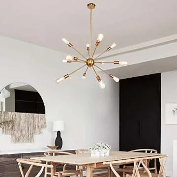 OYI Sputnik Chandelier, 12 Lights Pendant Lighting Modern Industrial Starburst Style Mid Century Retro Ceiling Light Fixture E26 Socket Brass Finish