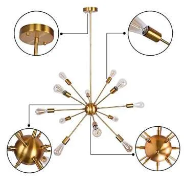OYI Sputnik Chandelier, 12 Lights Pendant Lighting Modern Industrial Starburst Style Mid Century Retro Ceiling Light Fixture E26 Socket Brass Finish