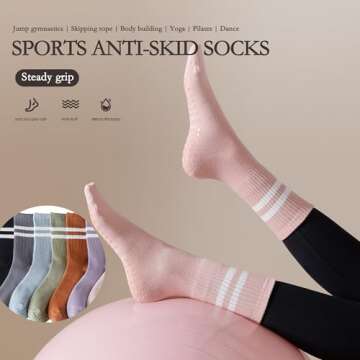 changyexi Pilates Grip Socks,4 Pairs Yoga Socks Womens Crew Socks Non Slip and Dance Barre Grippy So...