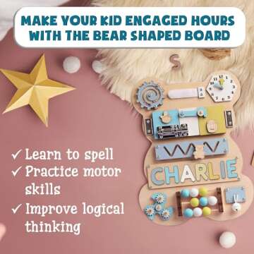 Kindlytoys Montessori Busy Board, Personalized Bear Busy Board, Name Puzzle, Learning Toys for 1 Yea...