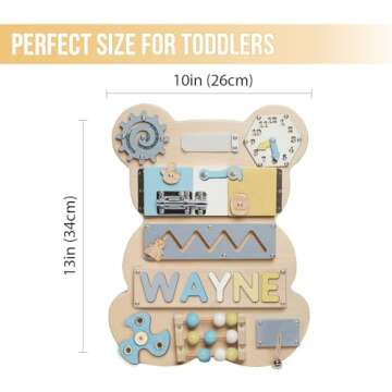 Kindlytoys Montessori Busy Board, Personalized Bear Busy Board, Name Puzzle, Learning Toys for 1 Year Old, Sensory Activity, Wooden Baby Toys, Easter Toys, Unique Birthday Gift BB04 (Pastel Boy)