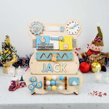 Kindlytoys Montessori Busy Board, Personalized Bear Busy Board, Name Puzzle, Learning Toys for 1 Year Old, Sensory Activity, Wooden Baby Toys, Easter Toys, Unique Birthday Gift BB04 (Pastel Boy)