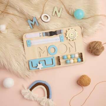 Kindlytoys Montessori Busy Board, Personalized Bear Busy Board, Name Puzzle, Learning Toys for 1 Year Old, Sensory Activity, Wooden Baby Toys, Easter Toys, Unique Birthday Gift BB04 (Pastel Boy)