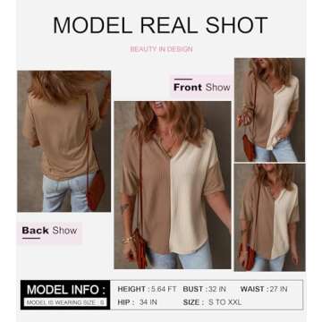 Dokotoo Womens Summer Tops Waffle Knit Short Sleeve V-Neck Top Colorblock Casual Tunics Summer Blous...