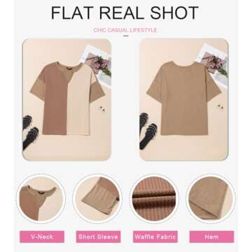 Dokotoo Womens Summer Tops Waffle Knit Short Sleeve V-Neck Top Colorblock Casual Tunics Summer Blouses for Women Dressy Casual Fashion 2025 Patchwork Henley Shirts Brown Large