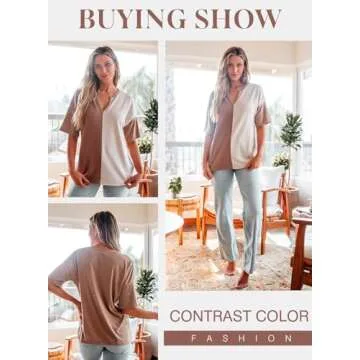 Dokotoo Womens Summer Tops Waffle Knit Short Sleeve V-Neck Top Colorblock Casual Tunics Summer Blouses for Women Dressy Casual Fashion 2025 Patchwork Henley Shirts Brown Large