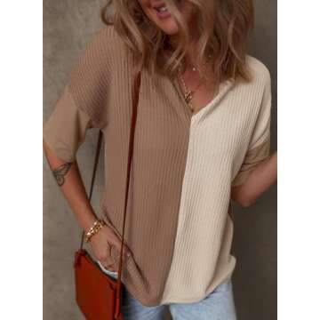 Dokotoo Womens Summer Tops Waffle Knit Short Sleeve V-Neck Top Colorblock Casual Tunics Summer Blouses for Women Dressy Casual Fashion 2025 Patchwork Henley Shirts Brown Large