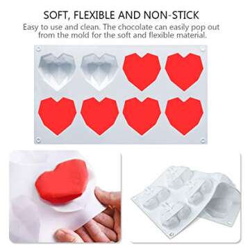 Amurgo 1 Pack Diamond Heart Silicone Mold for Valentine's Day, 8 Cavities Non-stick Easy Release Heart Shaped Silicone Mold Tray for Ice Cube, Mousse Cake Dessert, Candy, Hot Chocolate Cocoa Bomb Mold