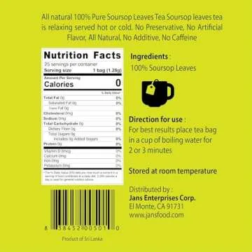Jans Organic Soursop (Sour Sap) Leaves Tea Bags 25 Count | Rich in Antioxidants & Vitamins B, C | Zero Cholesterol, Sugar, Fat, Sodium