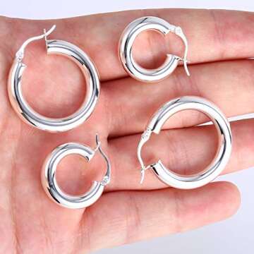 Chunky Silver Hoop Earrings Thick Hoops for Women | 925 Sterling Silver Post Shiny Polished Lightweight Tube Hoop Earrings for Women Girls 30mm