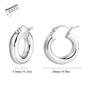 Chunky Silver Hoop Earrings Thick Hoops for Women | 925 Sterling Silver Post Shiny Polished Lightweight Tube Hoop Earrings for Women Girls 30mm