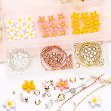 Totelux 3D Flower Nail Art Charms Cherry Blossom Nail Supplies Gold Nail Gems Rhinstones White Nail Pearl Round Metal Beads Jewels Nail Decorations for Nail Art Women DIY Manicure Tips