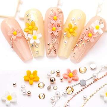 Totelux 3D Flower Nail Art Charms Cherry Blossom Nail Supplies Gold Nail Gems Rhinstones White Nail Pearl Round Metal Beads Jewels Nail Decorations for Nail Art Women DIY Manicure Tips