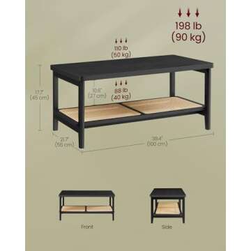 VASAGLE 2-Tier Coffee Table for Living Room, Living Room Table Rectangular Center Table, with PVC Rattan Storage Shelf, Rounded Corners, Easy Assembly, Boho Style, Ash Black ULCT240B21