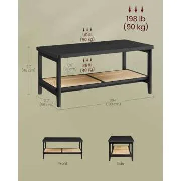 VASAGLE 2-Tier Coffee Table for Living Room, Living Room Table Rectangular Center Table, with PVC Rattan Storage Shelf, Rounded Corners, Easy Assembly, Boho Style, Ash Black ULCT240B21
