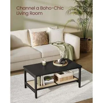 VASAGLE 2-Tier Coffee Table for Living Room, Living Room Table Rectangular Center Table, with PVC Rattan Storage Shelf, Rounded Corners, Easy Assembly, Boho Style, Ash Black ULCT240B21