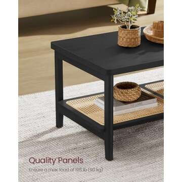 VASAGLE 2-Tier Coffee Table for Living Room, Living Room Table Rectangular Center Table, with PVC Rattan Storage Shelf, Rounded Corners, Easy Assembly, Boho Style, Ash Black ULCT240B21