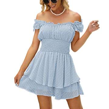 AOHITE Womens Summer Tube Top Dress Off-Shoulder Ruffled Flowy Mini Short Dresses Light Blue Large