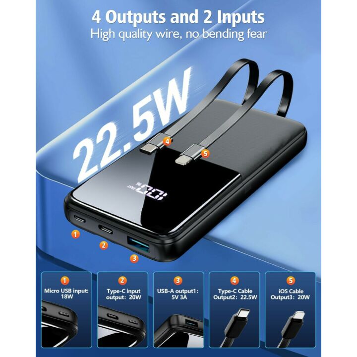 Fast Charging 15000mAh Portable Power Bank with Cable