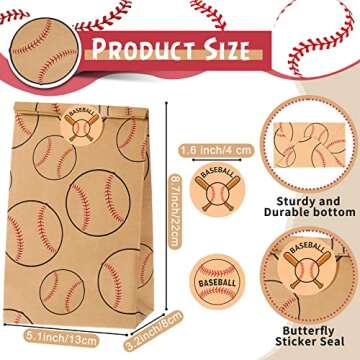 24 Pcs Baseball Gift Bags Baseball Team Party Favor Bags Baseball Sport Candy Treat Party Bags Baseball Goodie Snack Bags with Baseball Stickers for Kids Birthday Party Favor Decor Supplies (Brown)
