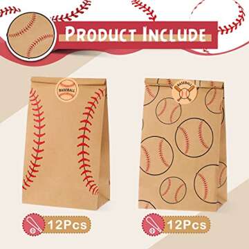 24 Pcs Baseball Gift Bags Baseball Team Party Favor Bags Baseball Sport Candy Treat Party Bags Baseball Goodie Snack Bags with Baseball Stickers for Kids Birthday Party Favor Decor Supplies (Brown)