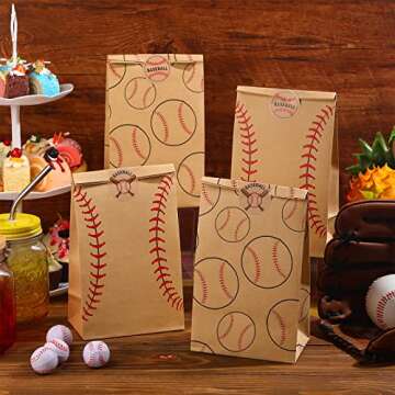 24 Pcs Baseball Gift Bags Baseball Team Party Favor Bags Baseball Sport Candy Treat Party Bags Baseball Goodie Snack Bags with Baseball Stickers for Kids Birthday Party Favor Decor Supplies (Brown)