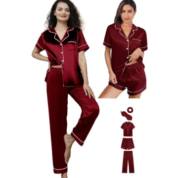 WJing Yi Jia 5Pcs Womens Silk Satin Pajamas Sets XS-XXL Short Pj Sets Button Down Pjs Set Sleepwear ...