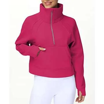 THE GYM PEOPLE Women's Half Zip Pullover Sweatshirt Fleece Stand Collar Crop Sweatshirt with Pockets Thumb Hole