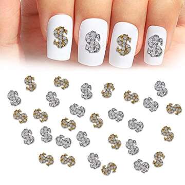 SILPECWEE 30pcs Dollar Sign Nail Charms Gold Silver Nail Jewels 3d Nail Art Charms Money Design Nail Rhinestone And Charms Nail Studs Nail Decoration Kit