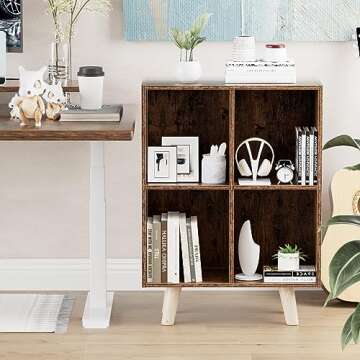 Gannyfer Cube Bookshelf, 2 Tier Vintage Free Standing Open Bookcase, Mid-Century Modern Bookshelves with Wood Legs, Book Storage Organizer Shelf, Rustic Brown Bookcases for Bedroom,Living Room,Office