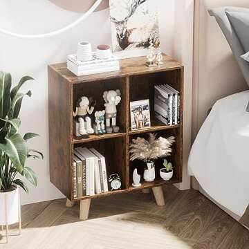 Gannyfer Cube Bookshelf, 2 Tier Vintage Free Standing Open Bookcase, Mid-Century Modern Bookshelves with Wood Legs, Book Storage Organizer Shelf, Rustic Brown Bookcases for Bedroom,Living Room,Office