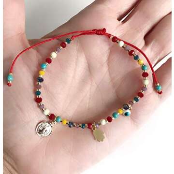 Saint Benedict Rainbow Bead Bracelets for Women Evil Eye Hamsa Pendants