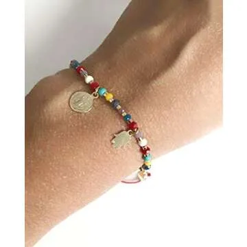 Saint Benedict Rainbow Bead Bracelets for Women Evil Eye Hamsa Pendants