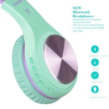Riwbox Bluetooth Headphones, XBT-80 Folding Stereo Wireless Bluetooth Headphones Over Ear with Microphone and Volume Control, Wireless and Wired Headset for PC/Cell Phones/TV/Gym (Purple Green)
