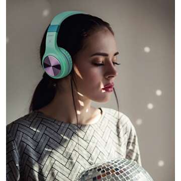 Riwbox Bluetooth Headphones, XBT-80 Folding Stereo Wireless Bluetooth Headphones Over Ear with Microphone and Volume Control, Wireless and Wired Headset for PC/Cell Phones/TV/Gym (Purple Green)