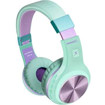 Riwbox Bluetooth Headphones, XBT-80 Folding Stereo Wireless Bluetooth Headphones Over Ear with Microphone and Volume Control, Wireless and Wired Headset for PC/Cell Phones/TV/Gym (Purple Green)