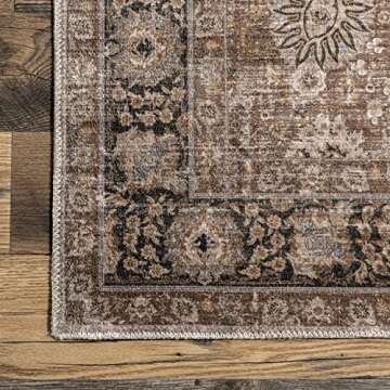 Rugs USA x Lauren Liess Bayberry Vintage Machine Washable Area Rug - 9x12 Machine Washable Area Rug Farmhouse Brown for Living Room Bedroom Dining Room Kitchen