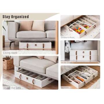 StorageWorks Under Bed Shoe Storage Organizer, Underbed Shoes Container with Adjustable Dividers, Shoe Storage Basket with Cover, Beige, 2-Pack, Space-Saving Shoe Box Fits up to 24 Pairs