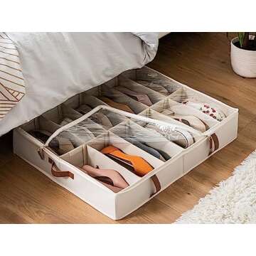 StorageWorks Under Bed Shoe Storage Organizer, Underbed Shoes Container with Adjustable Dividers, Shoe Storage Basket with Cover, Beige, 2-Pack, Space-Saving Shoe Box Fits up to 24 Pairs